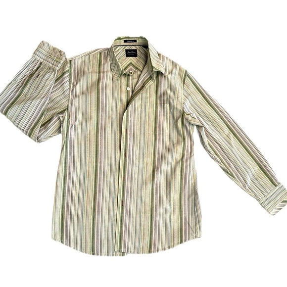 INDIGO PALMS ~ Men's Green and Off White Embroidered Striped Shirt size L - Picture 1 of 7